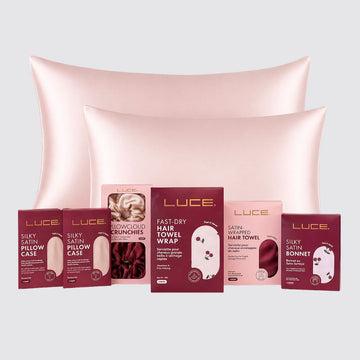 LUCE Dream Hair Essentials Bundle – Pillowcases, Bonnet, Scrunchies & Hair Wrap Set